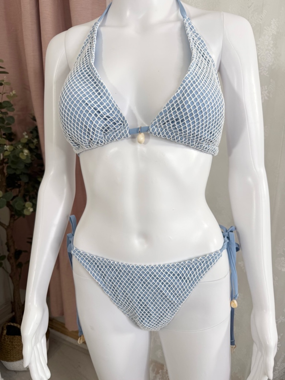 Zaful Light Blue and White Mesh Tie-Side Bikini NWOT BIN#8